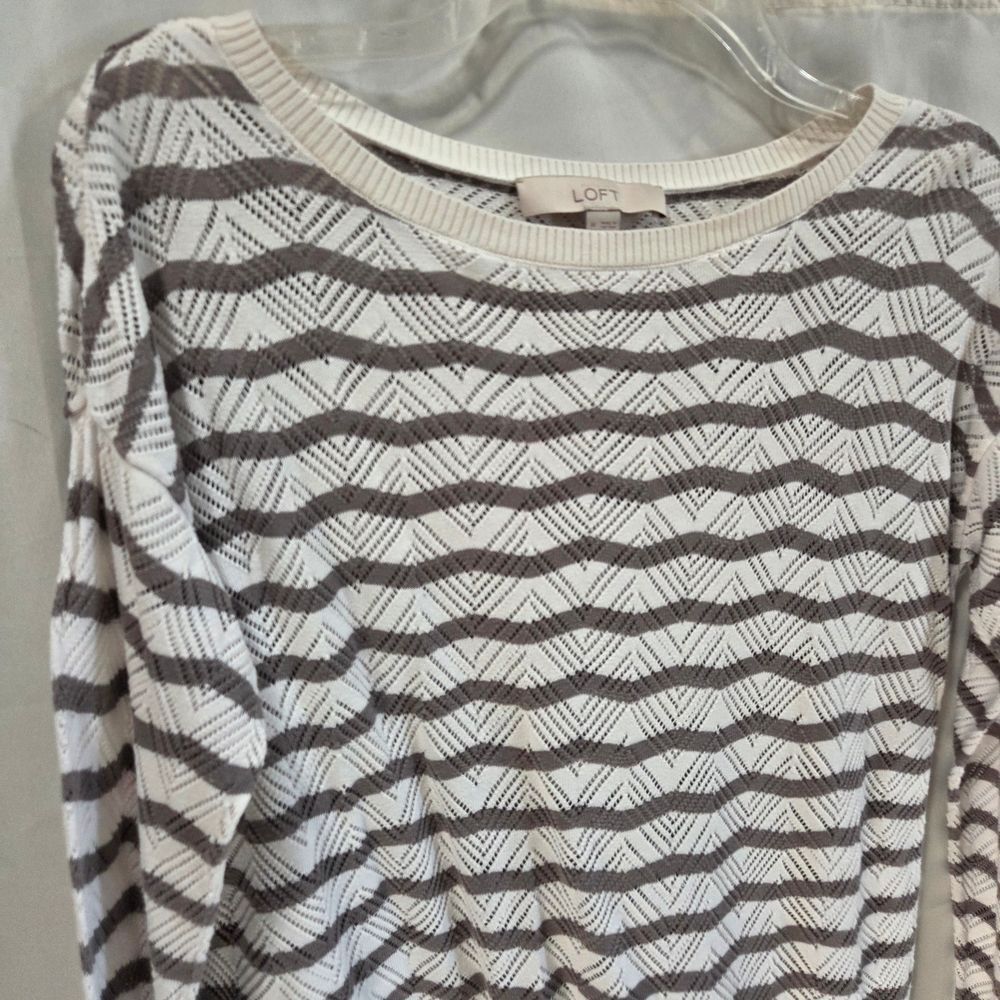 LOFT Brown White Chevron Pointelle Knit Sweater Sz M Cotton Blend Coastal Preppy
